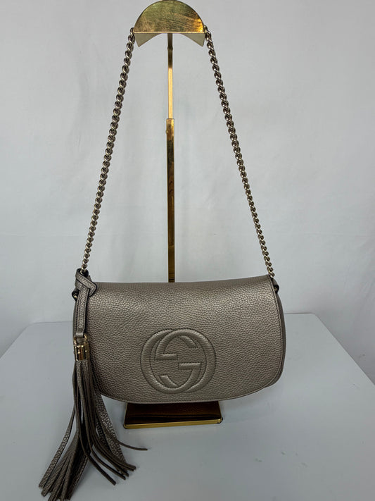 Gucci Metallic Leather Soho Gold Chain Flap Bag w Embossed Interlocking GG Logo & Tassel