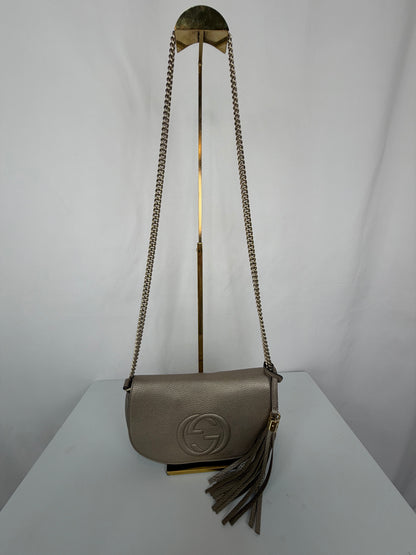 Gucci Metallic Leather Soho Gold Chain Flap Bag w Embossed Interlocking GG Logo & Tassel