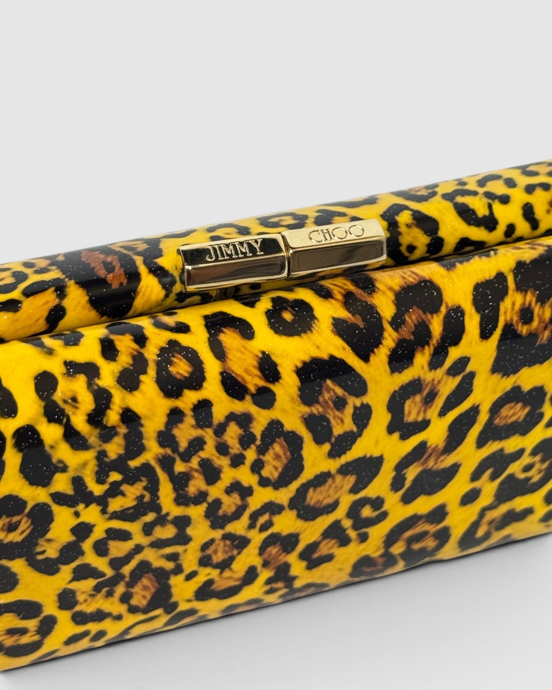 Jimmy Choo Patent Leather Yellow Black Leopard Print Tube Clutch w Gold Hardware