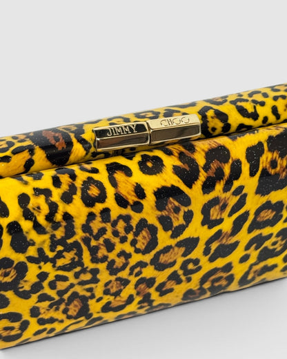 Jimmy Choo Patent Leather Yellow Black Leopard Print Tube Clutch w Gold Hardware