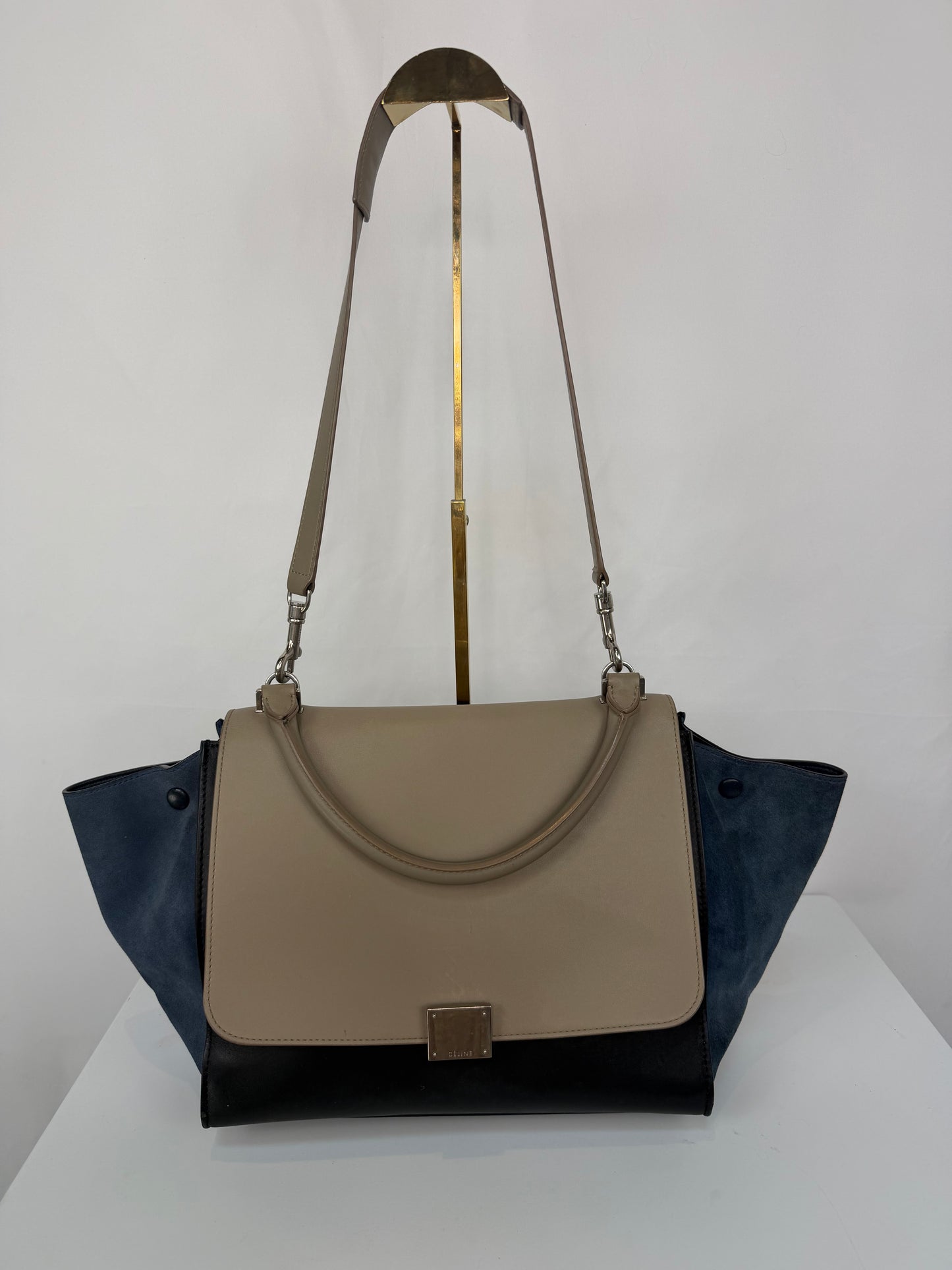 Celine Grey Black Leather Blue Suede "Trapeze Trim-Color" 2 Way Bag