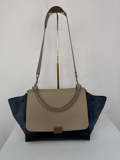 Celine Grey Black Leather Blue Suede "Trapeze Trim-Color" 2 Way Bag