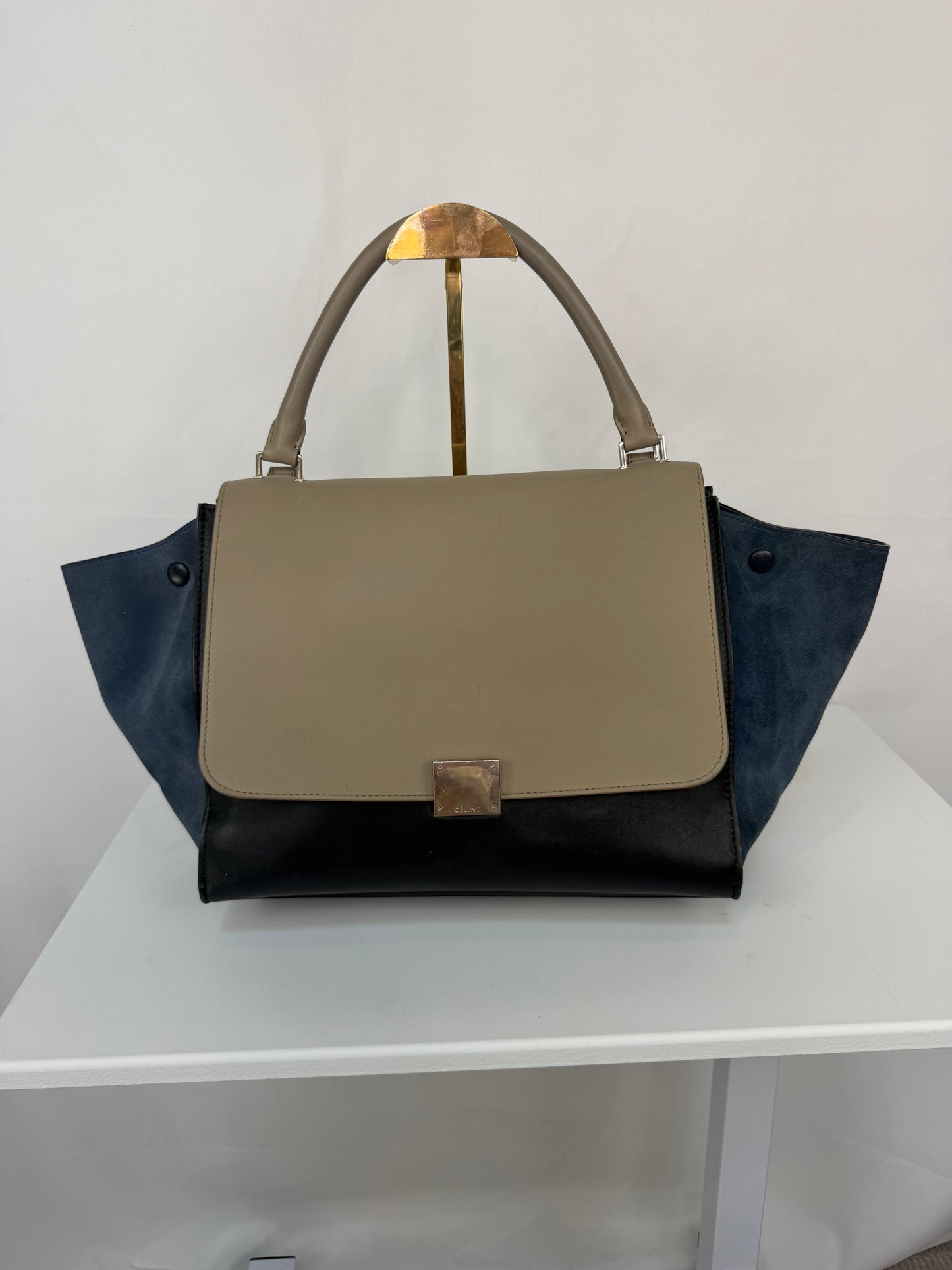 Celine Grey Black Leather Blue Suede "Trapeze Trim-Color" 2 Way Bag