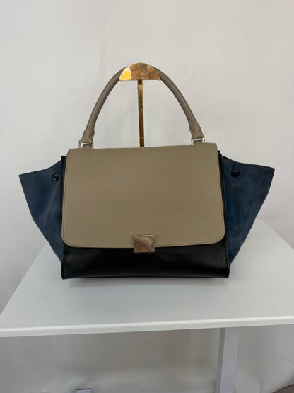 Celine Grey Black Leather Blue Suede "Trapeze Trim-Color" 2 Way Bag