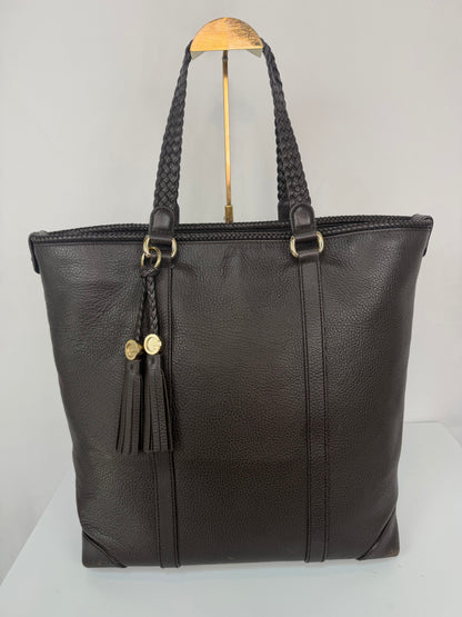 Gucci Brown Pebbled Leather Braid Handles w Logo Tassels "Marrakech"  Large Tote Bag