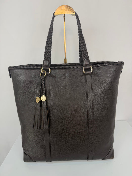 Gucci Brown Pebbled Leather Braid Handles w Logo Tassels "Marrakech"  Large Tote Bag