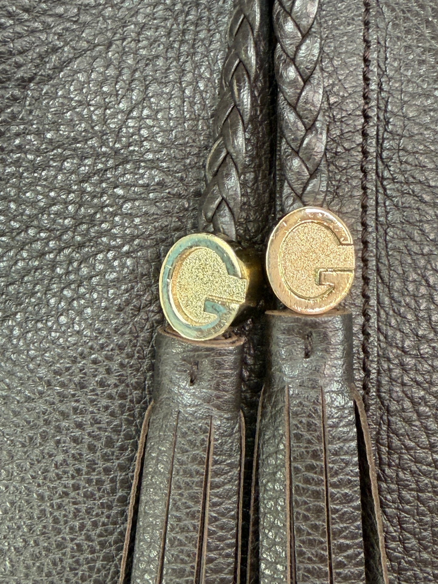 Gucci Brown Pebbled Leather Braid Handles w Logo Tassels "Marrakech"  Large Tote Bag