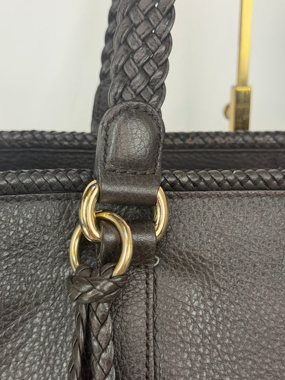 Gucci Brown Pebbled Leather Braid Handles w Logo Tassels "Marrakech"  Large Tote Bag