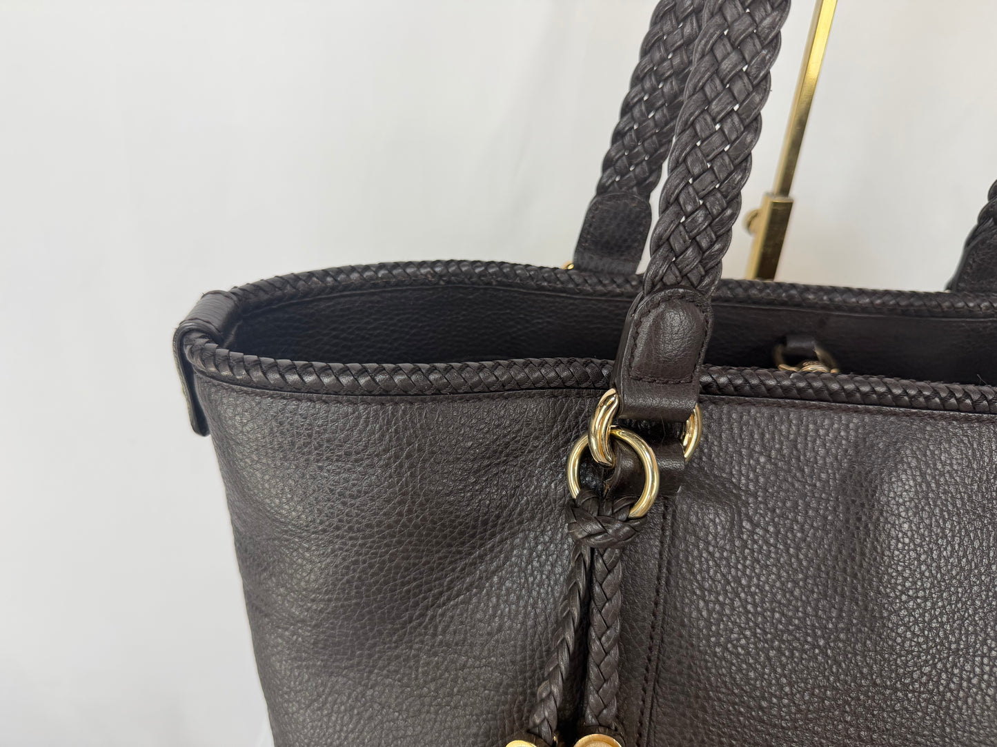 Gucci Brown Pebbled Leather Braid Handles w Logo Tassels "Marrakech"  Large Tote Bag