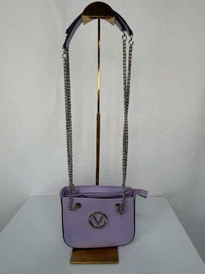 Valentino By Mario Light Purple Leather Top Zip V Logo Silver Chain Strap Bag
