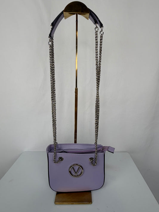 Valentino By Mario Light Purple Leather Top Zip V Logo Silver Chain Strap Bag