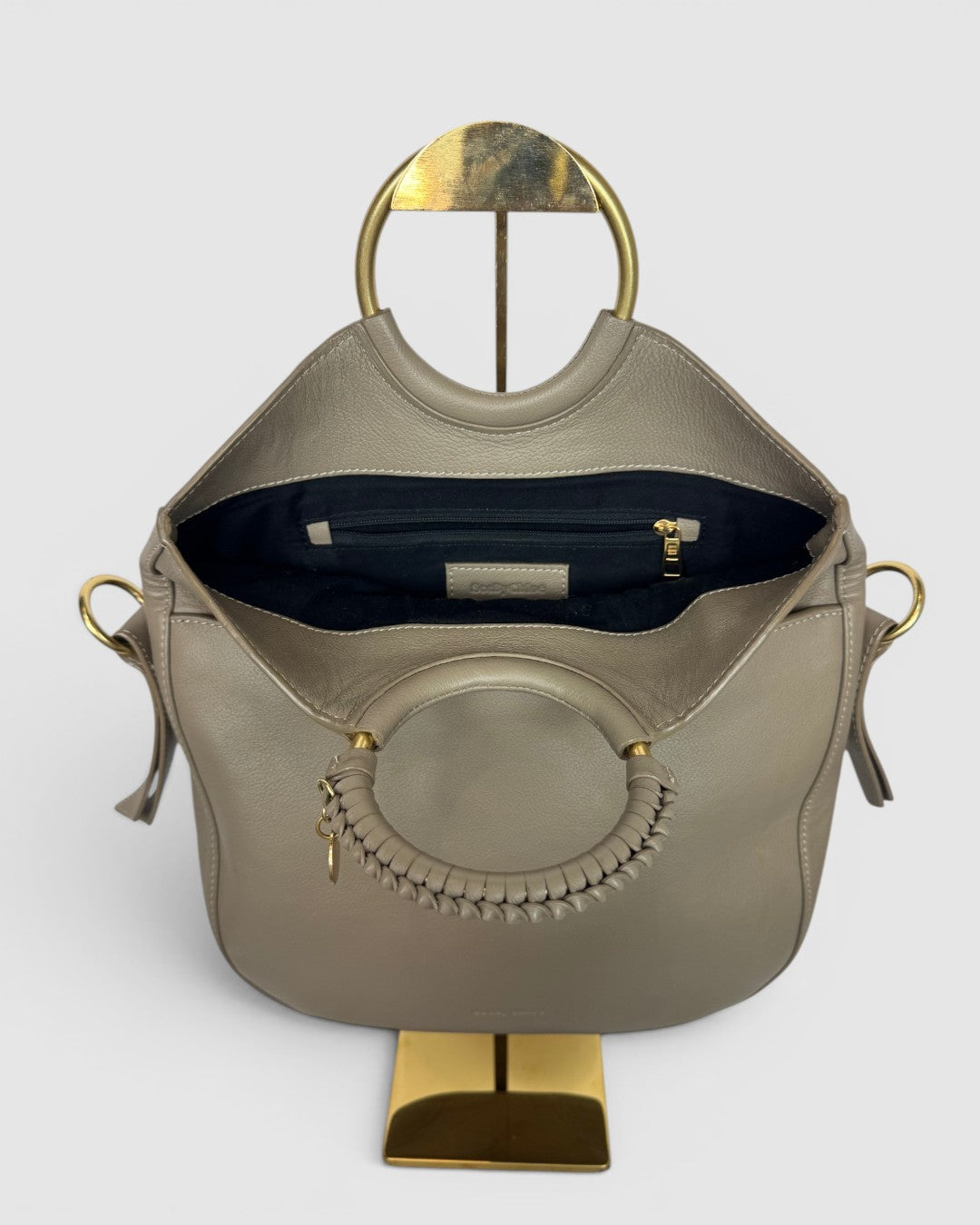 See By Chloe Taupe Leather Gold Hardware Ring Handle Bag