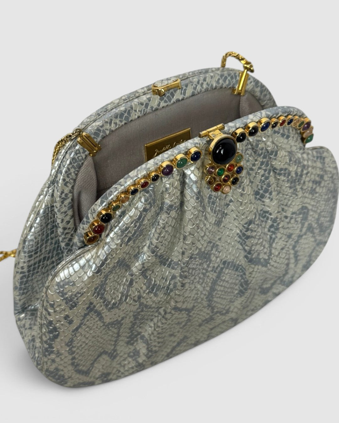 Judith Leiber Silver Blue Snake Print Onyx & Multicolor Stone Gold Chain Clutch
