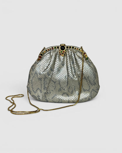 Judith Leiber Silver Blue Snake Print Onyx & Multicolor Stone Gold Chain Clutch