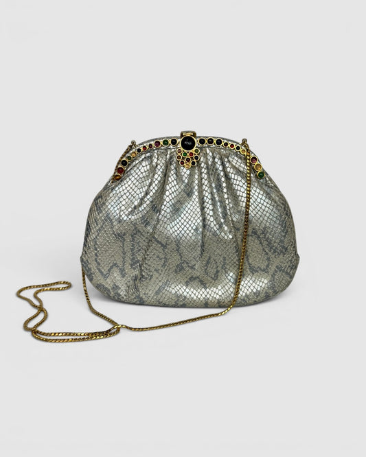 Judith Leiber Silver Blue Snake Print Onyx & Multicolor Stone Gold Chain Clutch