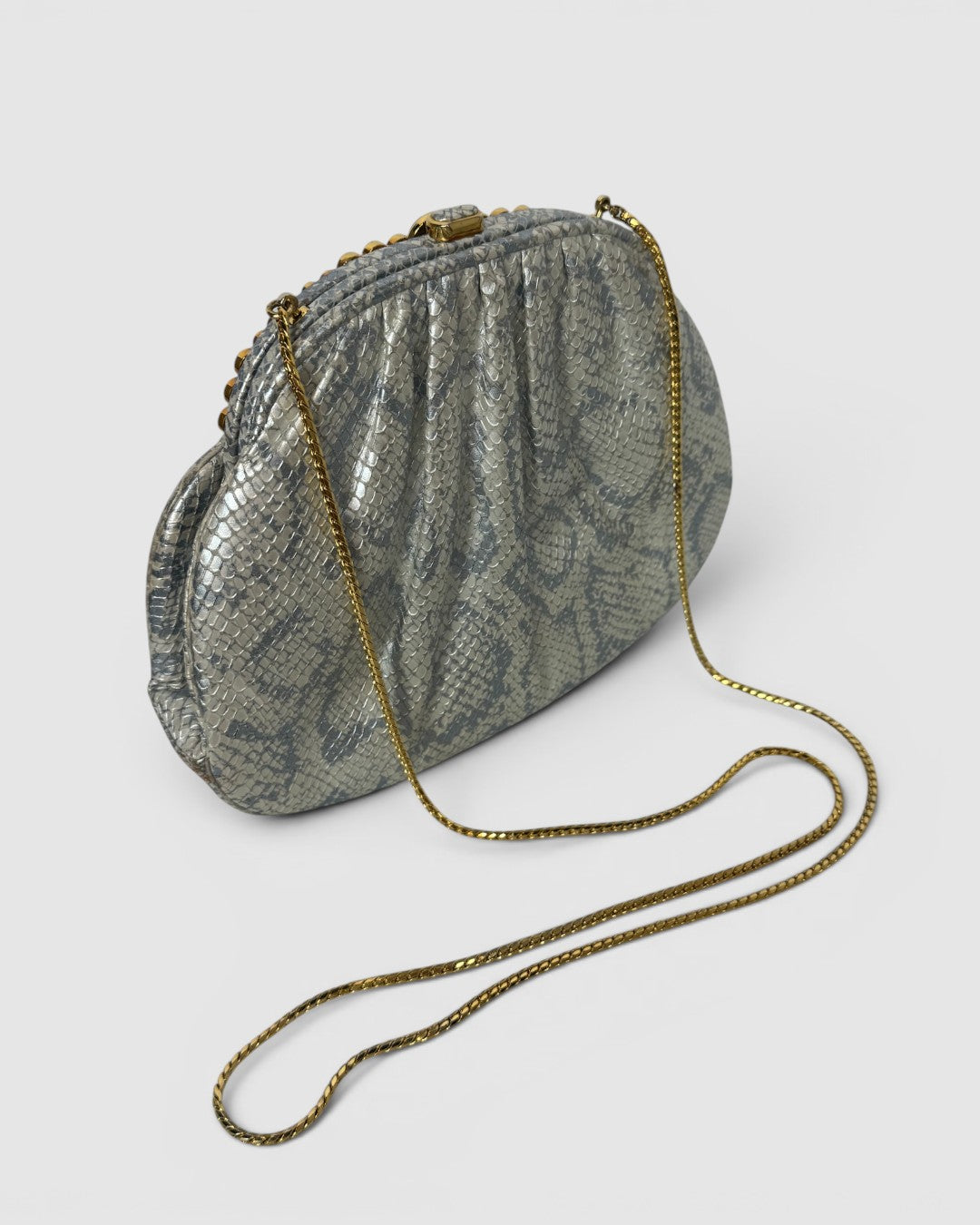 Judith Leiber Silver Blue Snake Print Onyx & Multicolor Stone Gold Chain Clutch