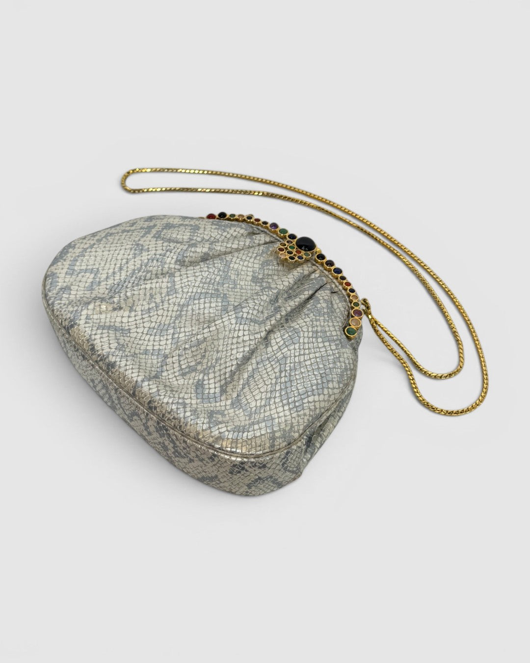 Judith Leiber Silver Blue Snake Print Onyx & Multicolor Stone Gold Chain Clutch