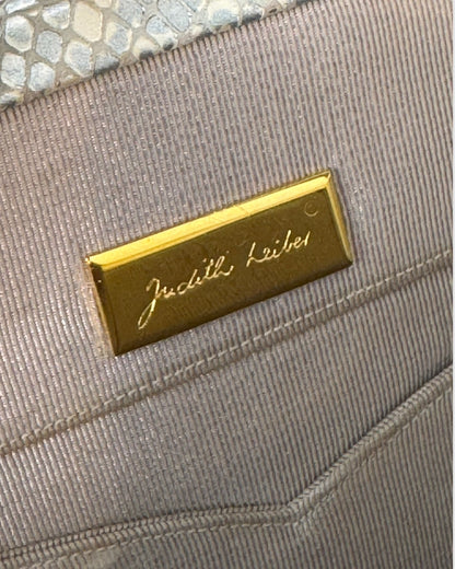 Judith Leiber Silver Blue Snake Print Onyx & Multicolor Stone Gold Chain Clutch