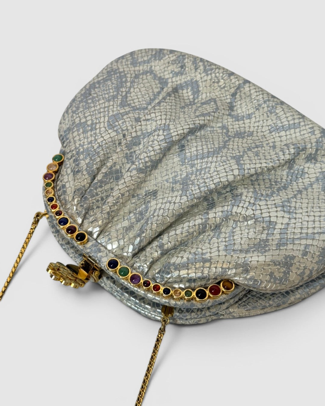 Judith Leiber Silver Blue Snake Print Onyx & Multicolor Stone Gold Chain Clutch