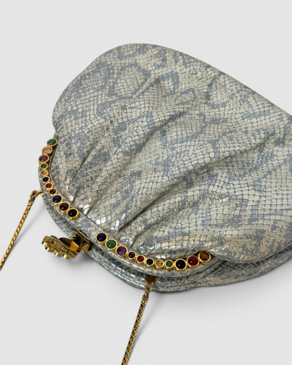 Judith Leiber Silver Blue Snake Print Onyx & Multicolor Stone Gold Chain Clutch