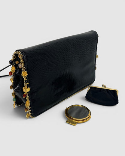 Judith Leiber Black Reptile Embossed Leather Gold Trim Charm & Gem Detail Flap Crossbody Bag