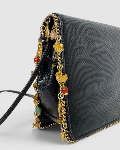 Judith Leiber Black Reptile Embossed Leather Gold Trim Charm & Gem Detail Flap Crossbody Bag