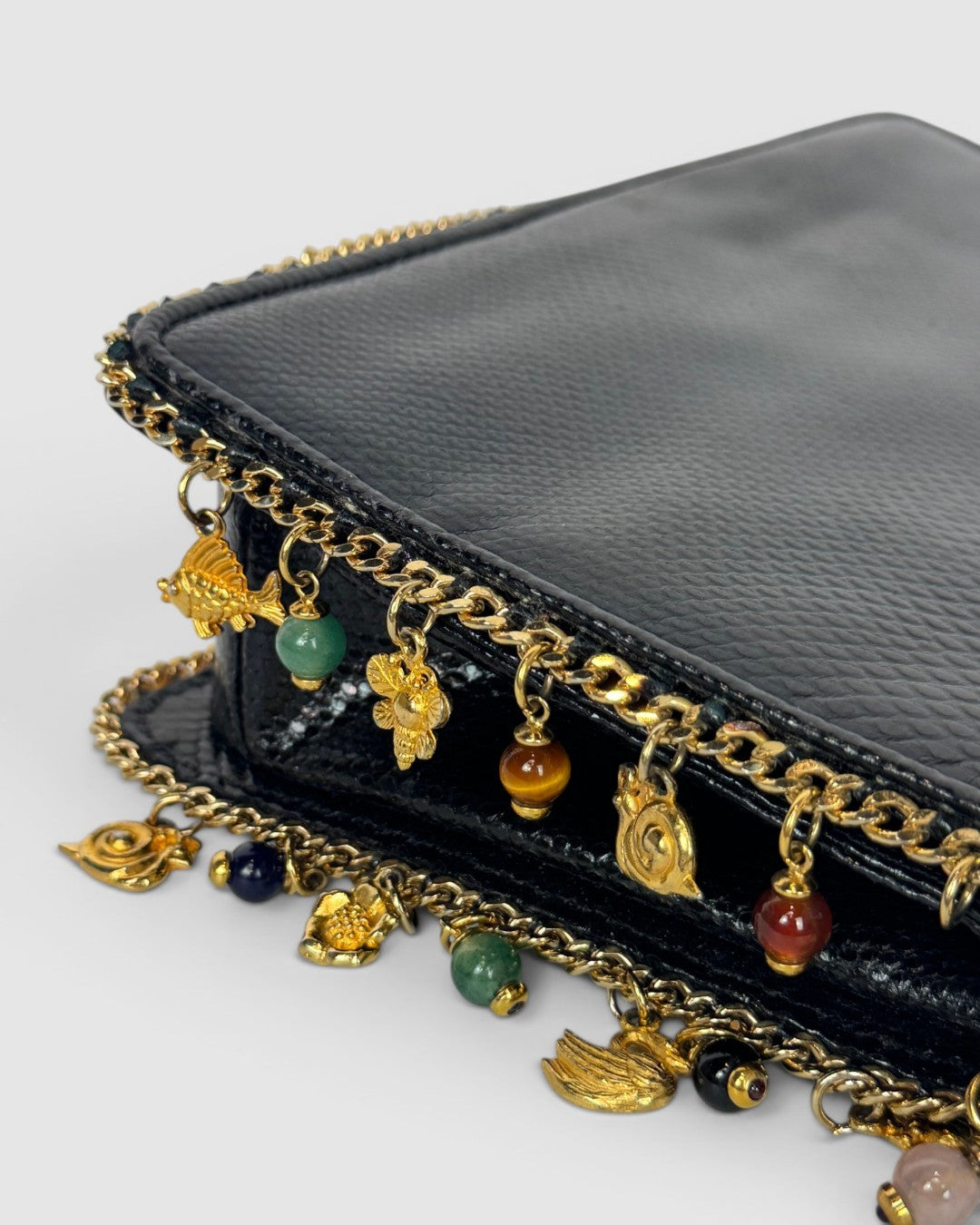 Judith Leiber Black Reptile Embossed Leather Gold Trim Charm & Gem Detail Flap Crossbody Bag