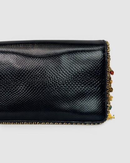 Judith Leiber Black Reptile Embossed Leather Gold Trim Charm & Gem Detail Flap Crossbody Bag