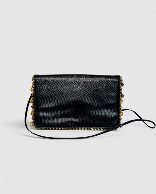 Judith Leiber Black Reptile Embossed Leather Gold Trim Charm & Gem Detail Flap Crossbody Bag