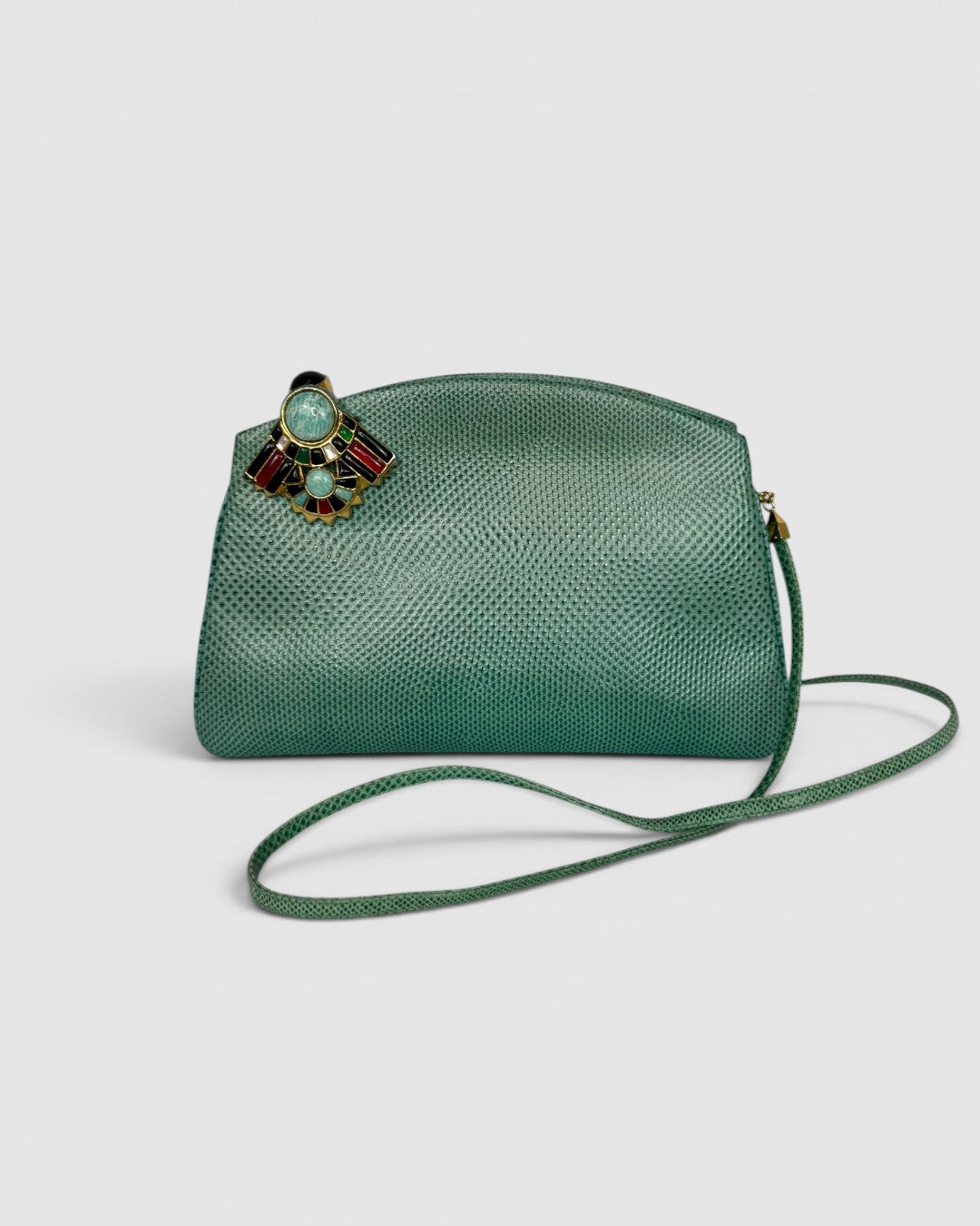 Judith Leiber Turquoise Reptile Embossed Multi Gem Clasp Crossbody Bag