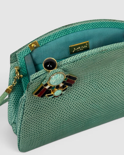 Judith Leiber Turquoise Reptile Embossed Multi Gem Clasp Crossbody Bag