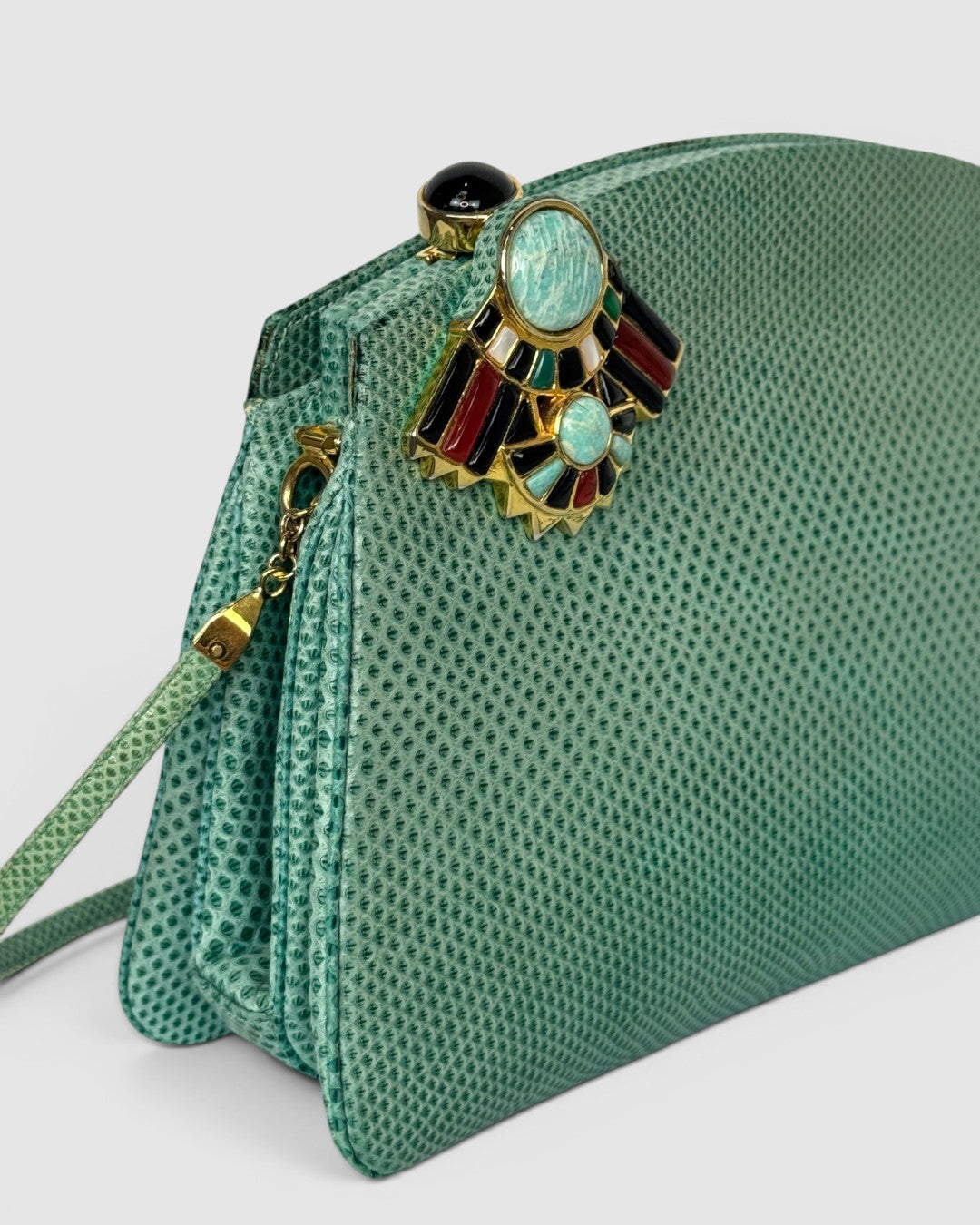 Judith Leiber Turquoise Reptile Embossed Multi Gem Clasp Crossbody Bag