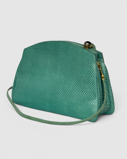 Judith Leiber Turquoise Reptile Embossed Multi Gem Clasp Crossbody Bag
