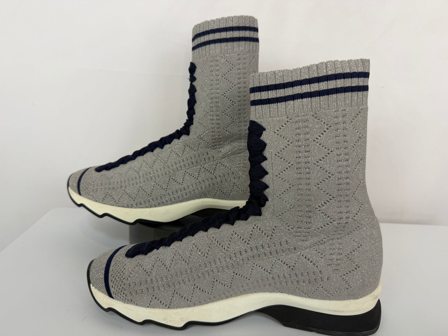 Fendi Silver Sparkle & Navy "Rococo Knit Sock" Sneakers