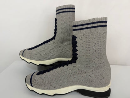 Fendi Silver Sparkle & Navy "Rococo Knit Sock" Sneakers