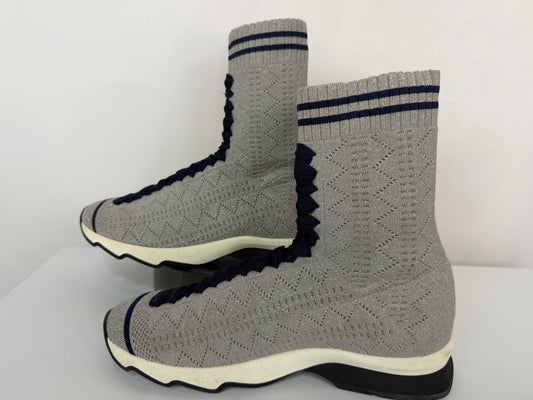 Fendi Silver Sparkle & Navy "Rococo Knit Sock" Sneakers