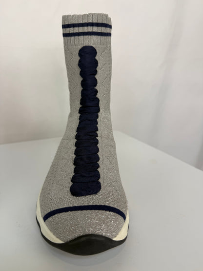 Fendi Silver Sparkle & Navy "Rococo Knit Sock" Sneakers