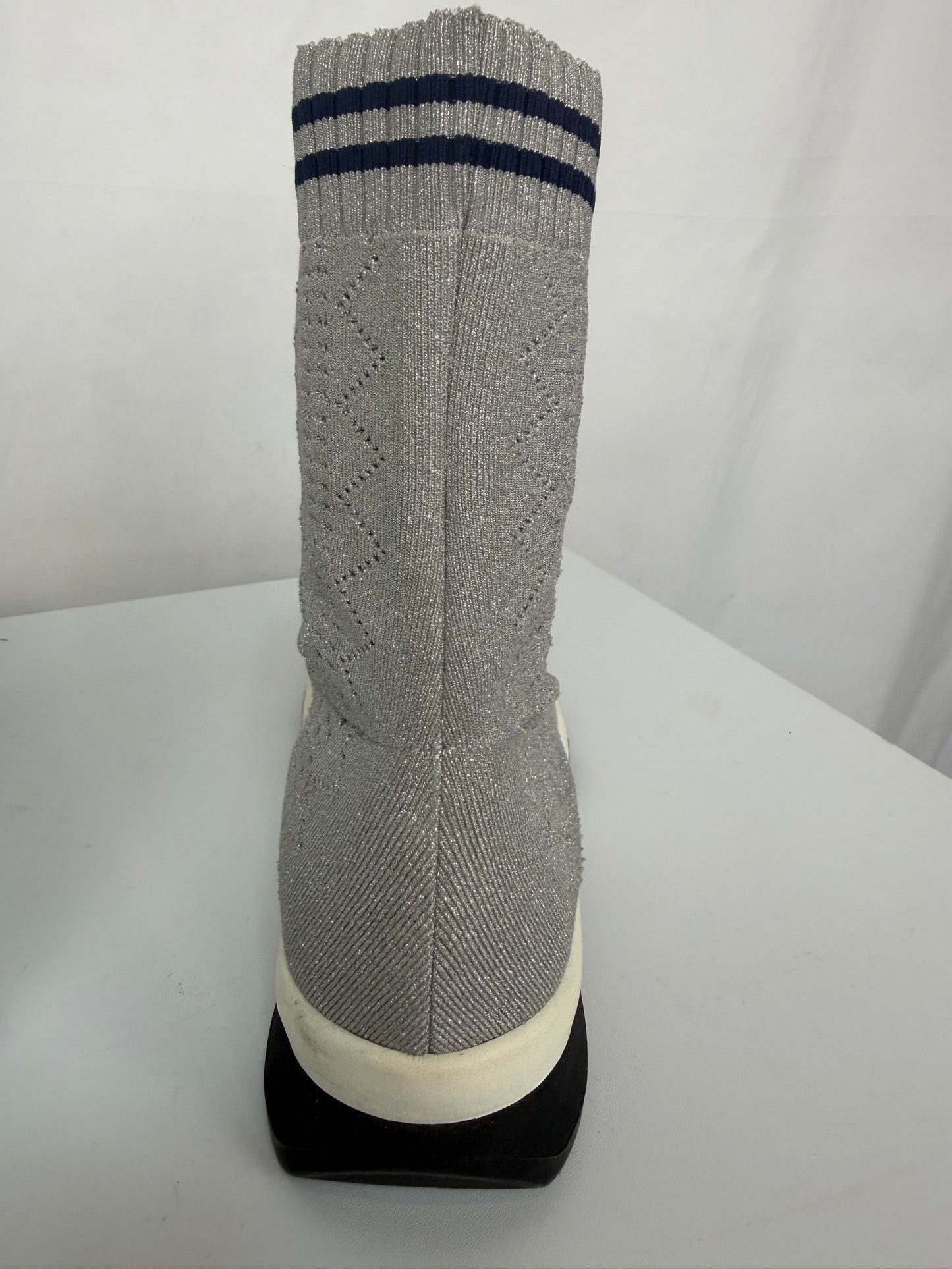 Fendi Silver Sparkle & Navy "Rococo Knit Sock" Sneakers