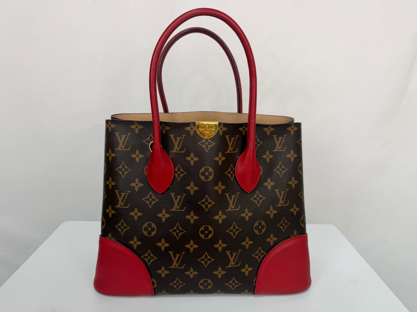 Louis Vuitton Leather Brown Monogram Red Trim "Flandrin Tote"