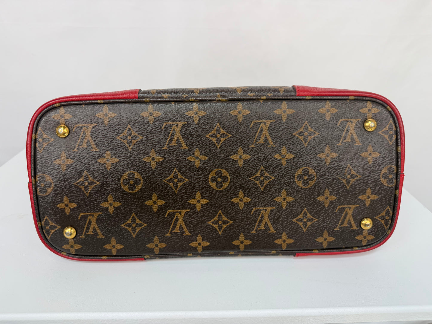Louis Vuitton Leather Brown Monogram Red Trim "Flandrin Tote"