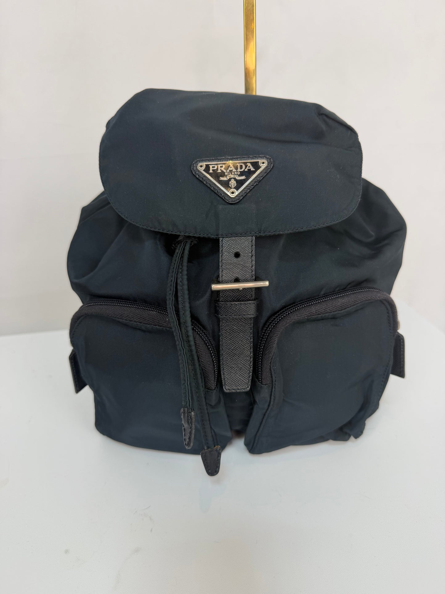 Prada Black Nylon "Vela" Staffiano Leather Trim Mini Backpack