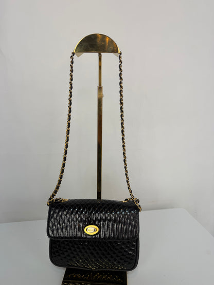 Bally Quilted Patent Leather  Turn-Lock Closure Mini Flap Bag w Gold Chain