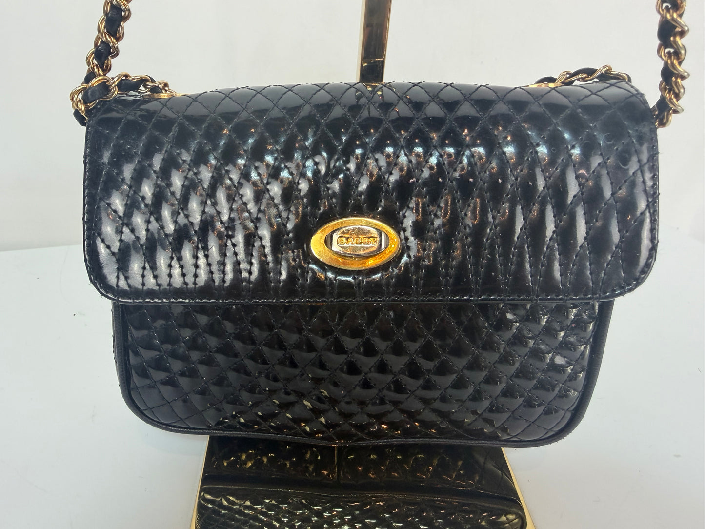 Bally Quilted Patent Leather  Turn-Lock Closure Mini Flap Bag w Gold Chain