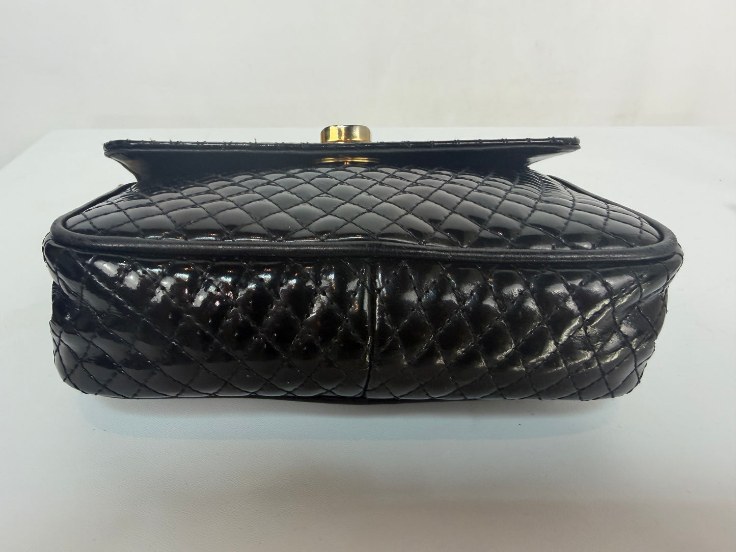 Bally Quilted Patent Leather  Turn-Lock Closure Mini Flap Bag w Gold Chain