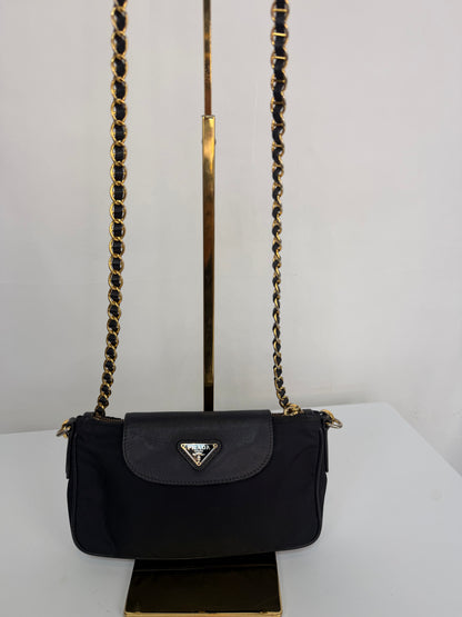 Prada Black Nylon "Tessuto Saffiano" Flap & Zip Mini Gold Chain Bag