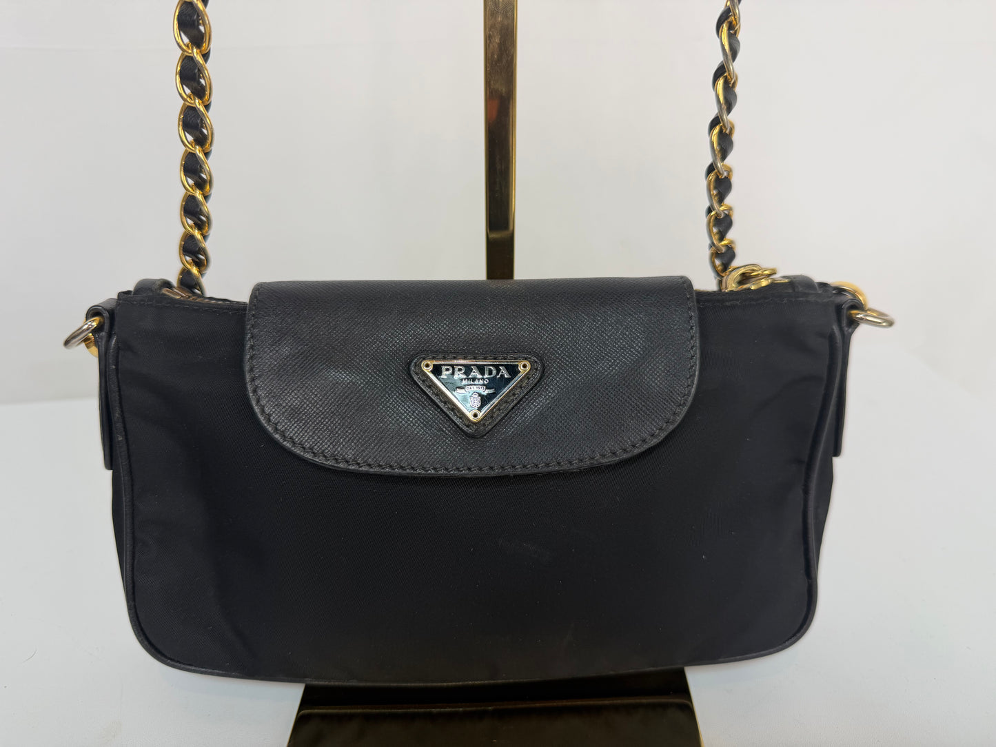 Prada Black Nylon "Tessuto Saffiano" Flap & Zip Mini Gold Chain Bag