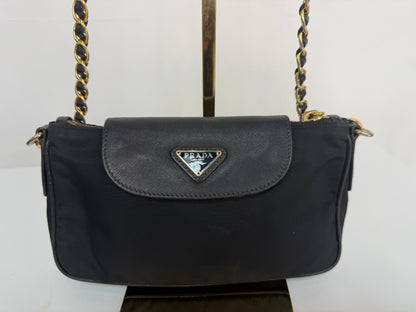 Prada Black Nylon "Tessuto Saffiano" Flap & Zip Mini Gold Chain Bag