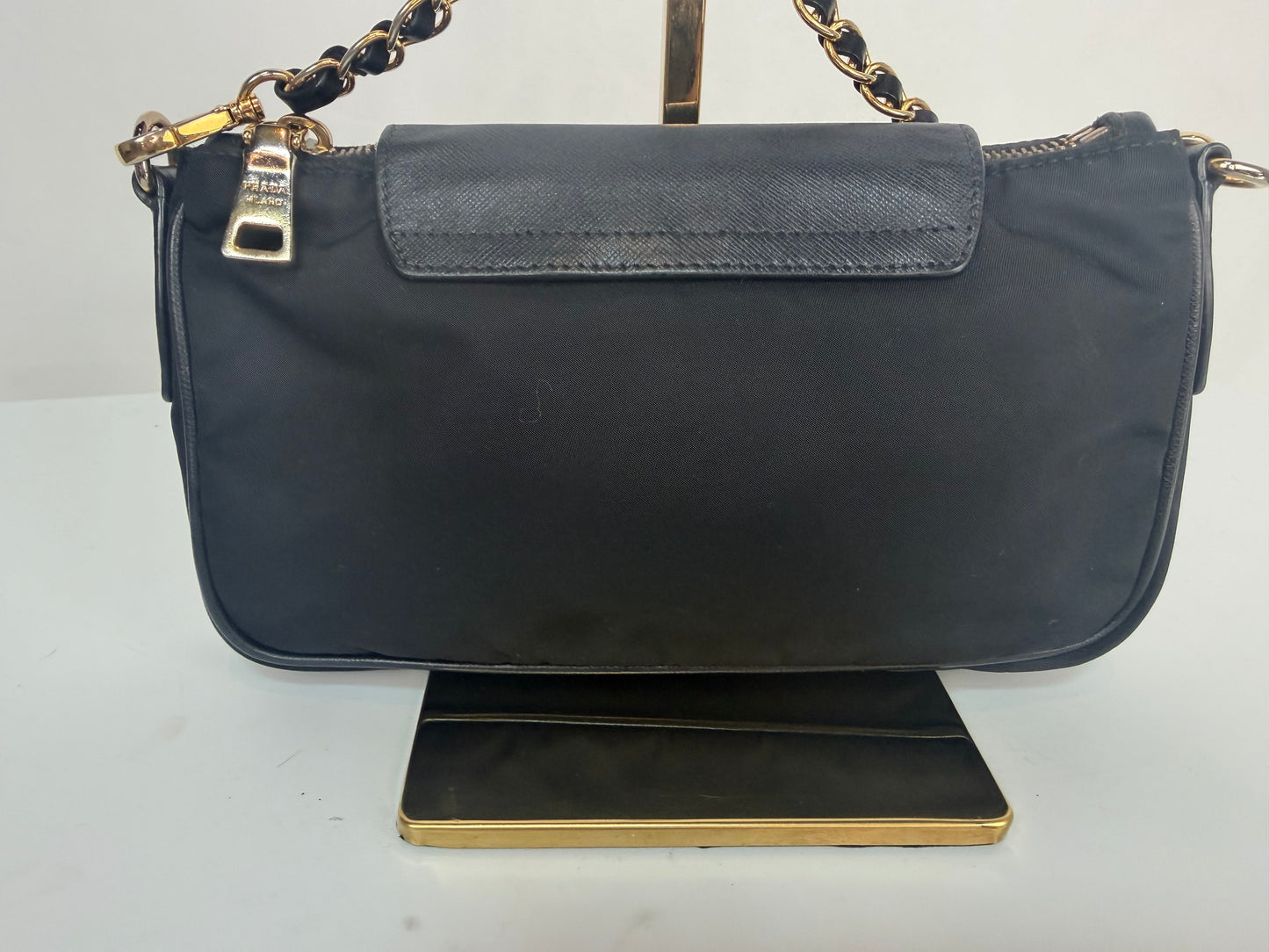 Prada Black Nylon "Tessuto Saffiano" Flap & Zip Mini Gold Chain Bag