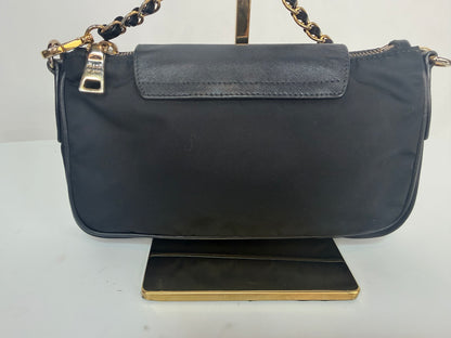 Prada Black Nylon "Tessuto Saffiano" Flap & Zip Mini Gold Chain Bag