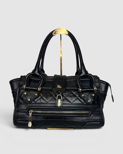 Burberry Black Leather Quilted "Manor" Tote Bag w Lock & Silver Hardware